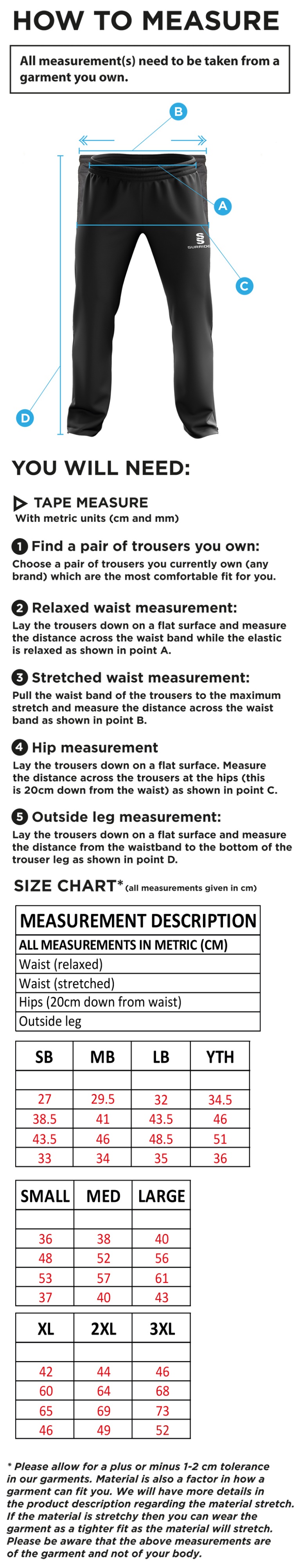 Prestbury CC - Ripstop Track Pant - Size Guide