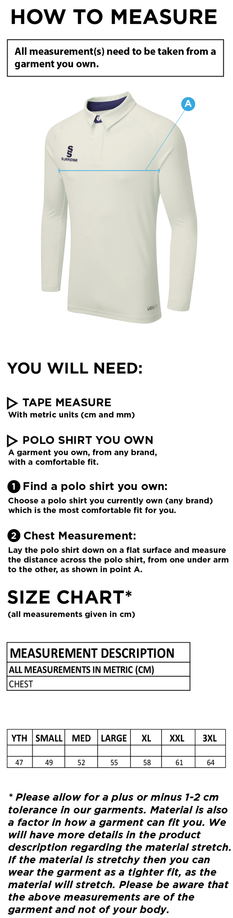 Prestbury CC - Long Sleeve Playing Shirt - Size Guide