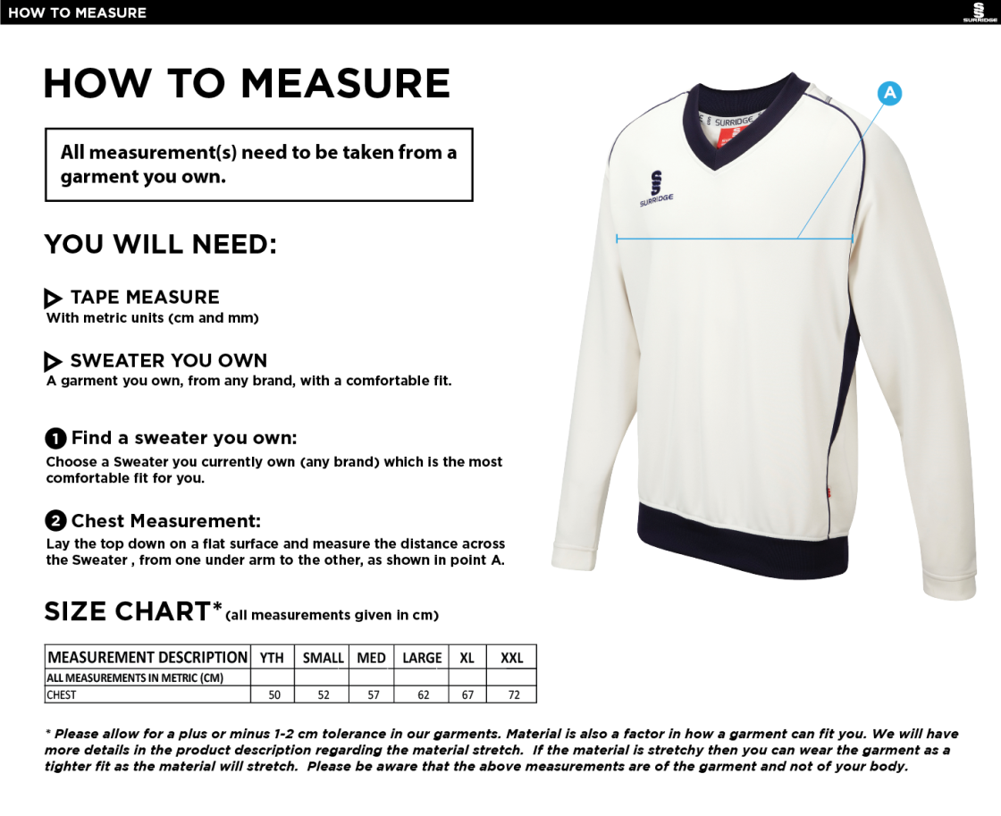 Prestbury CC - Junior Long Sleeve Sweater - Size Guide