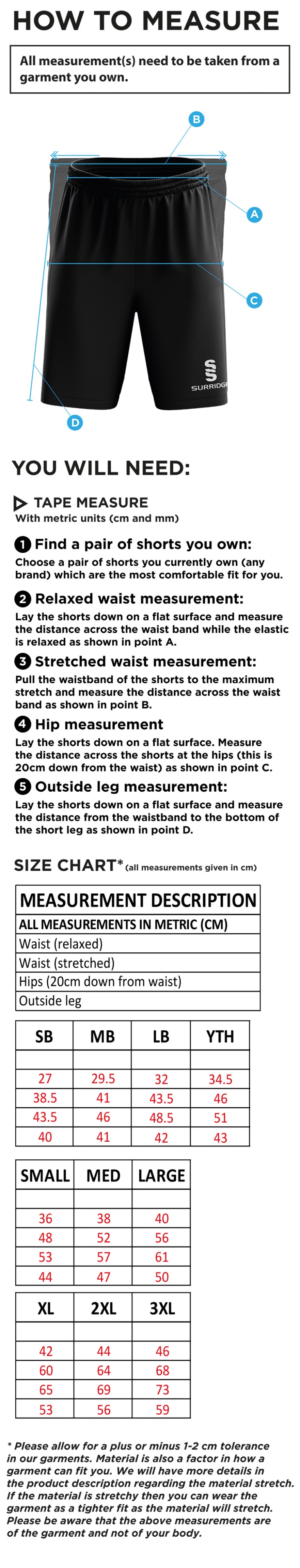 Prestbury CC - Blade Training Shorts - Size Guide