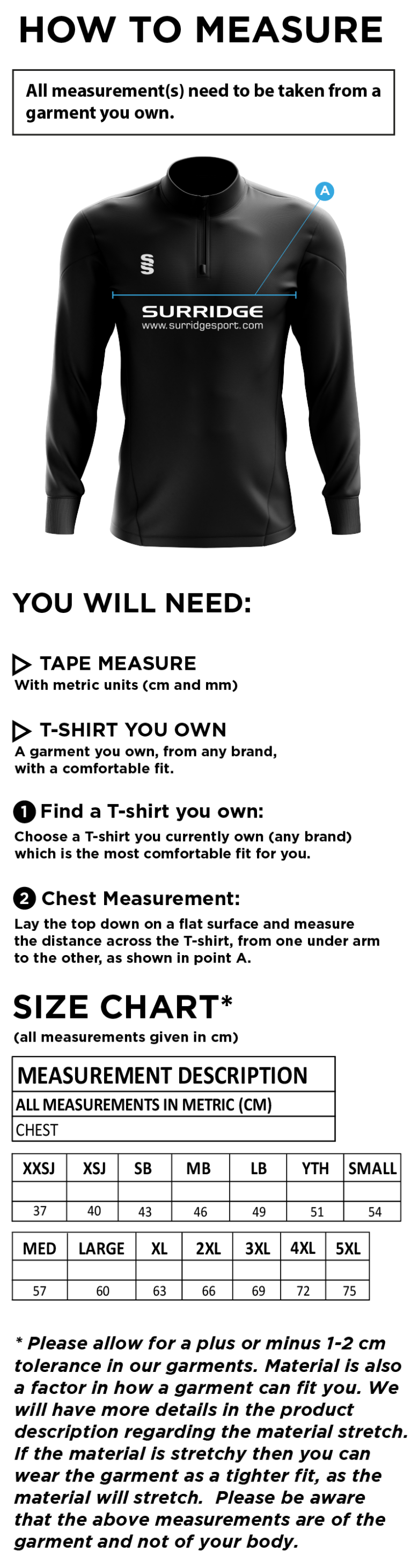 Prestbury CC - Fuse Performance Top - Size Guide