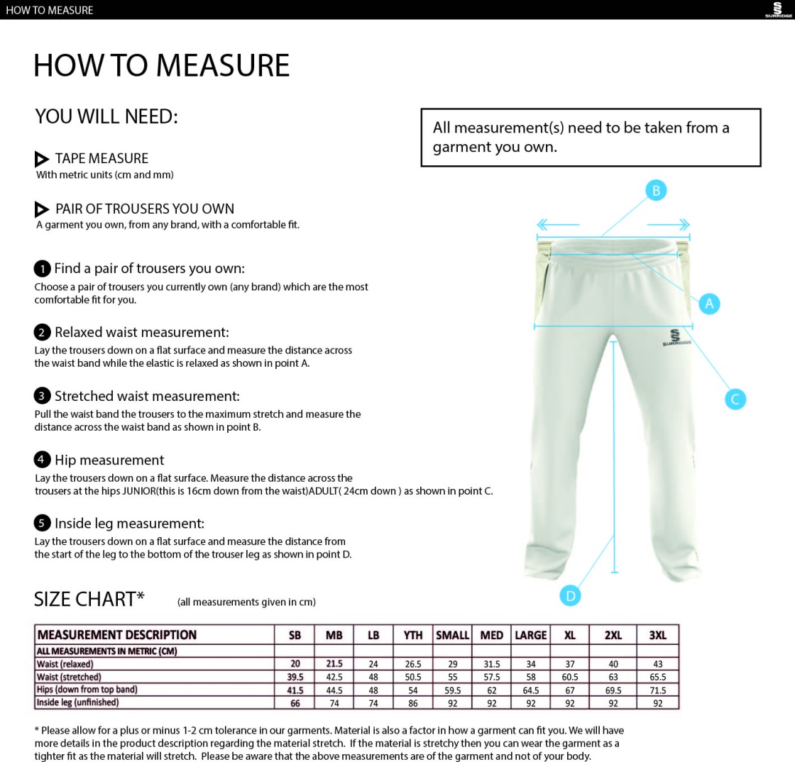 Prestbury CC - Standard Playing Pant - Size Guide