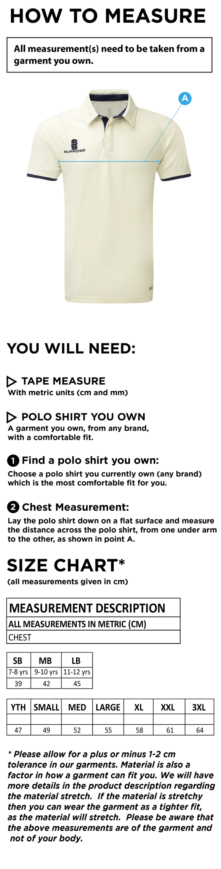 Prestbury CC - Junior Short Sleeve Playing Shirt - Size Guide