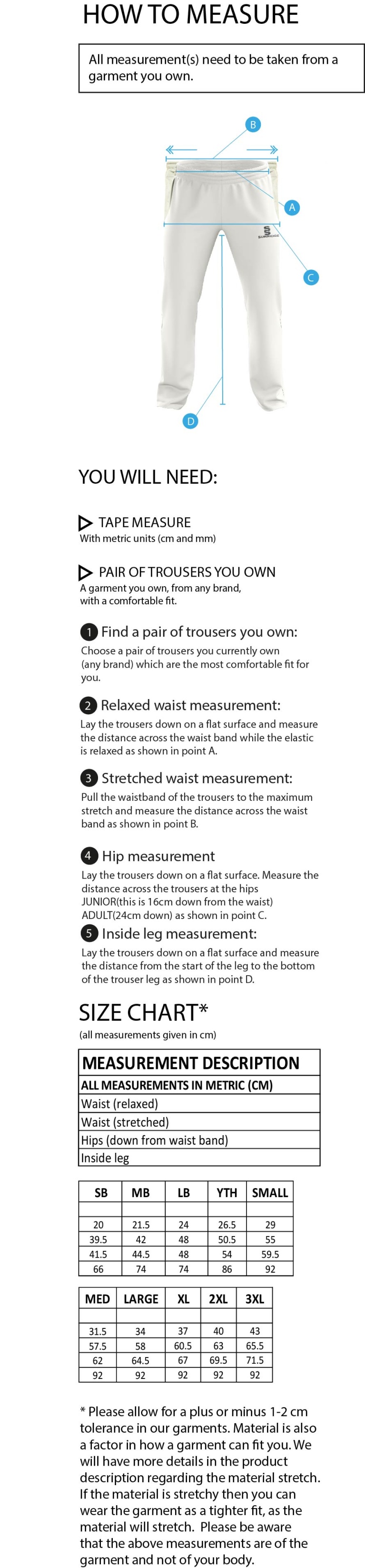 Prestbury CC - Standard Playing Pant - Size Guide