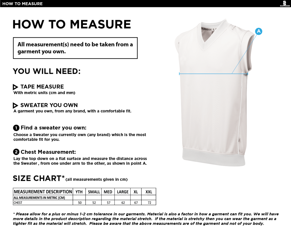 Prestbury CC - Junior Sleeveless Sweater - Size Guide