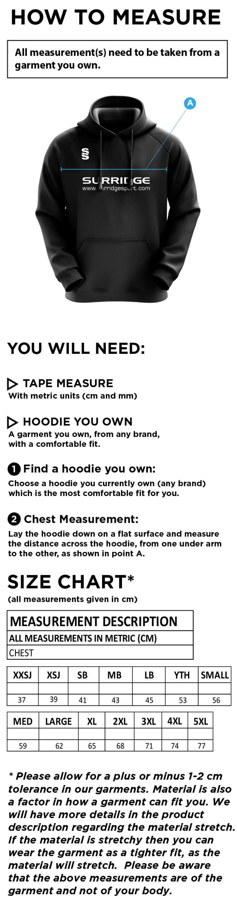 Prestbury CC - Fuse Hoody - Size Guide