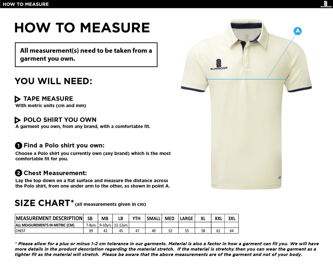 Prestbury CC - Junior Short Sleeve Playing Shirt - Size Guide