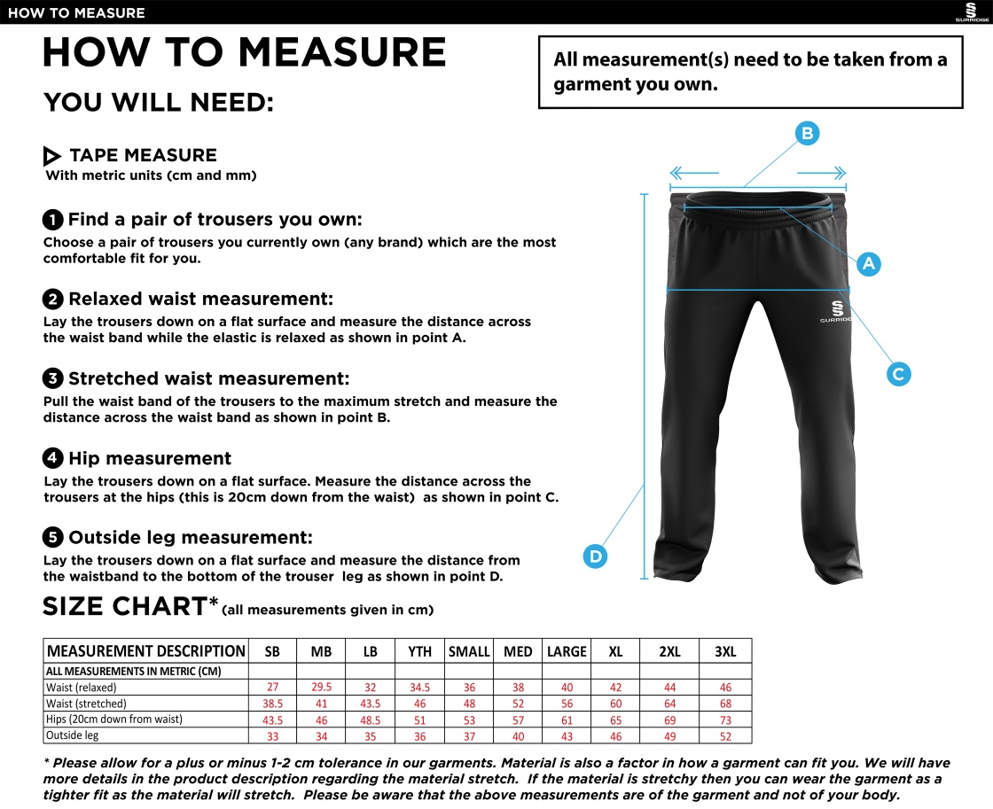 Prestbury CC - Ripstop Track Pant - Size Guide