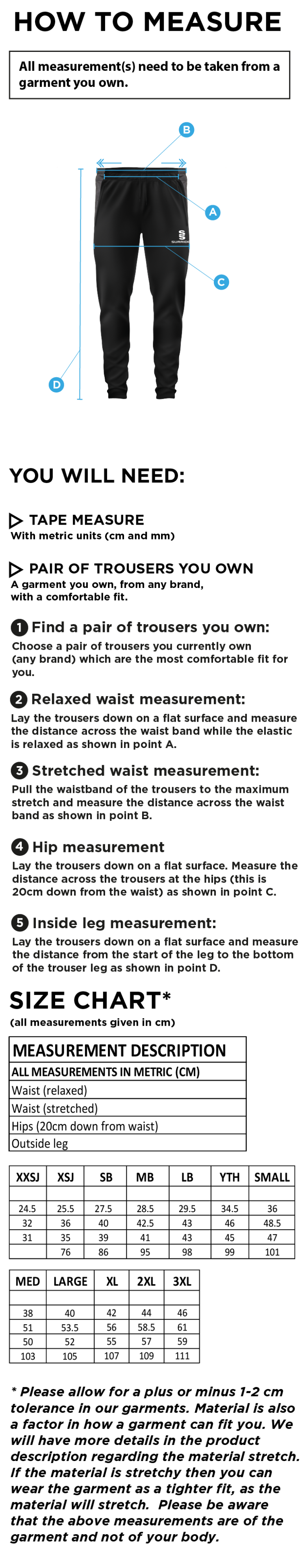 Prestbury CC - Tek Skinny Pants - Size Guide
