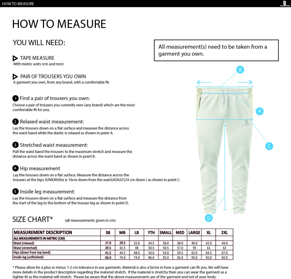 Prestbury CC - Tek Playing Trousers - Size Guide
