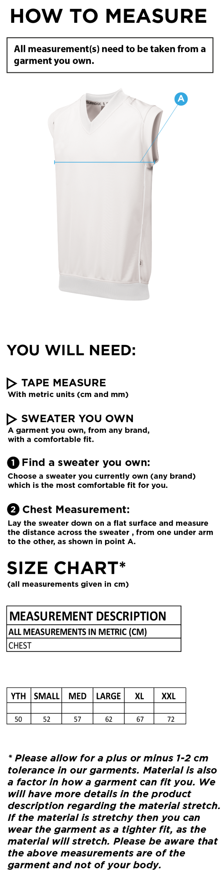 Prestbury CC - Junior Sleeveless Sweater - Size Guide
