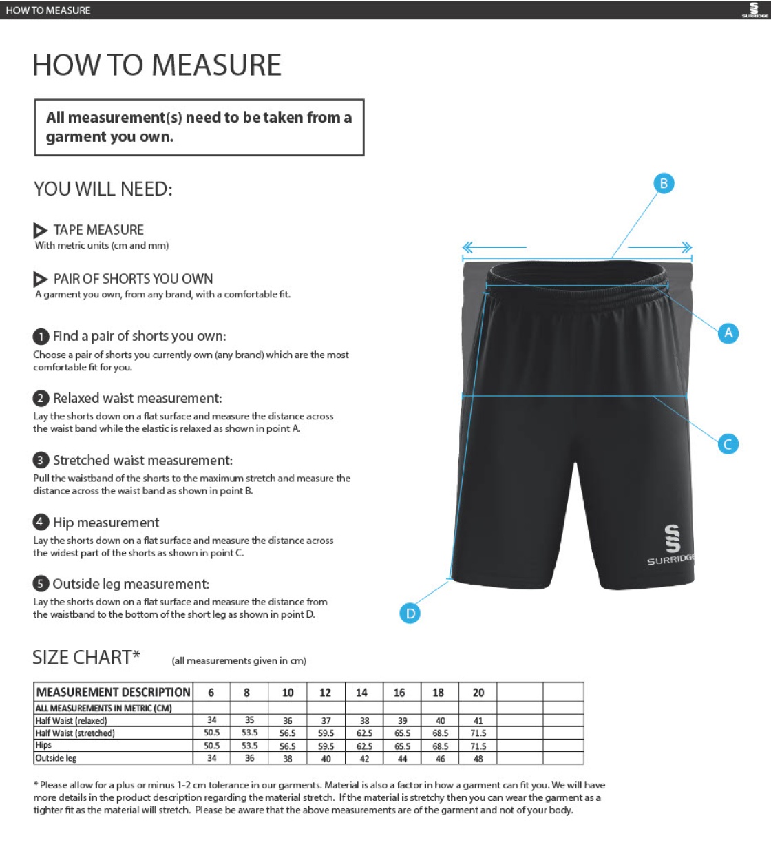 Prestbury CC - Women's Ripstop Shorts - Size Guide
