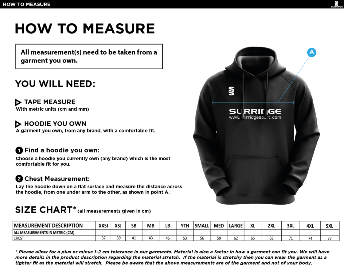 Prestbury CC - Fuse Hoody - Size Guide