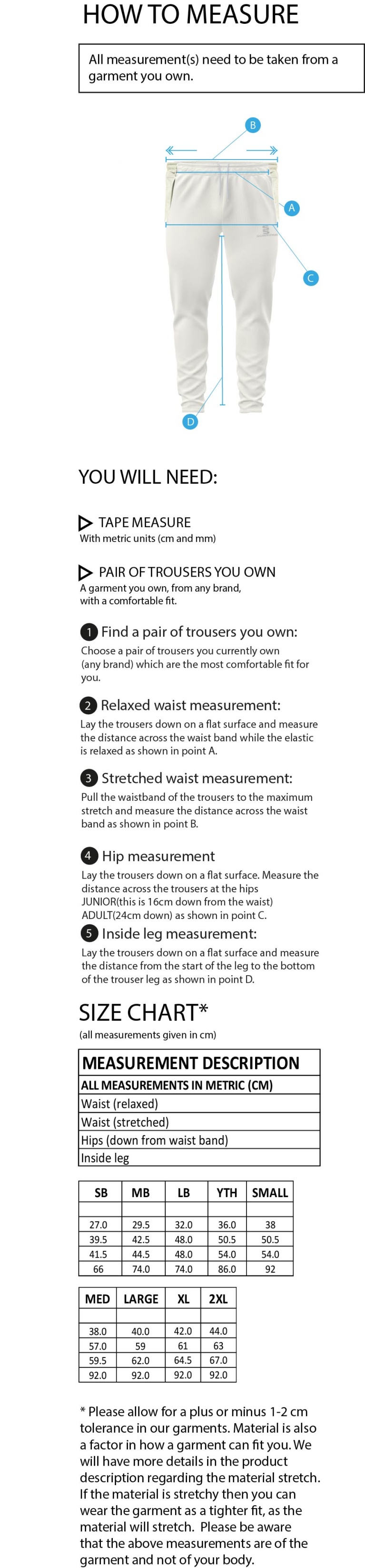 Prestbury CC - Tek Playing Trousers - Size Guide