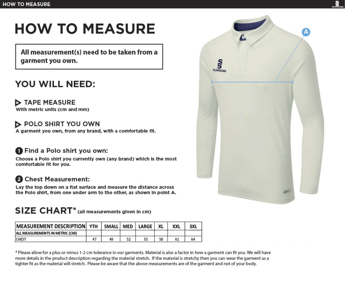 Prestbury CC - Long Sleeve Playing Shirt - Size Guide